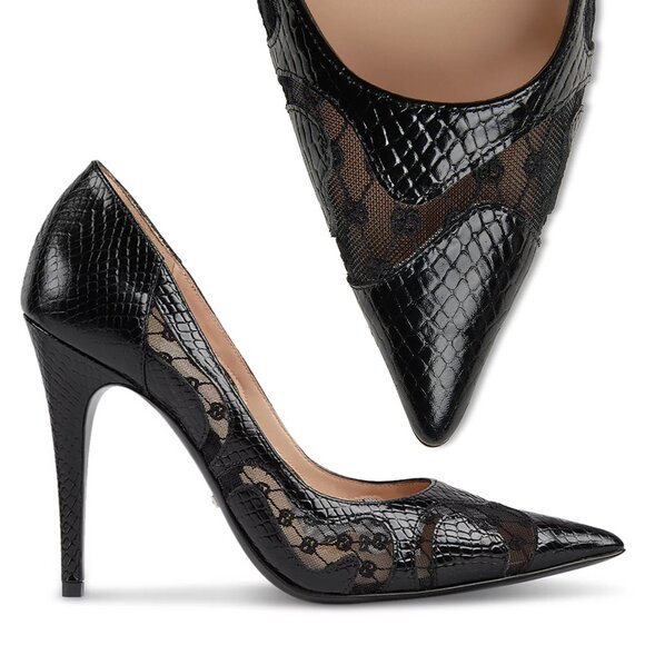 GUCCI SHOES BLACK PYTHON PRINT LEATHER w GG LOGO MESH PUMPS $940 - Picture 1 of 15